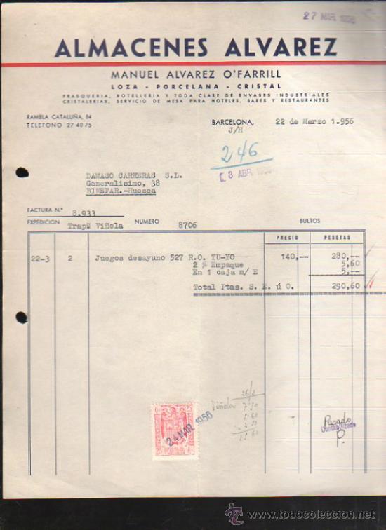 Old Invoices: FACTURA DE ALMACENES ALVAREZ. MANUEL ALVAREZ O'FARRILL. LOZA, PORCELANA, CRISTAL. BARCELONA. 1956