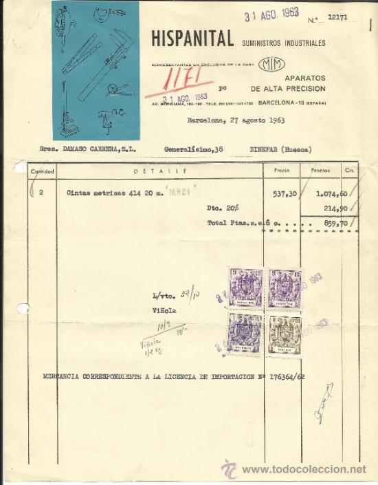 Old Invoices: FACTURA DE HISPANITAL. SUMINISTROS INDUSTRIALES. BARCELONA. 1963