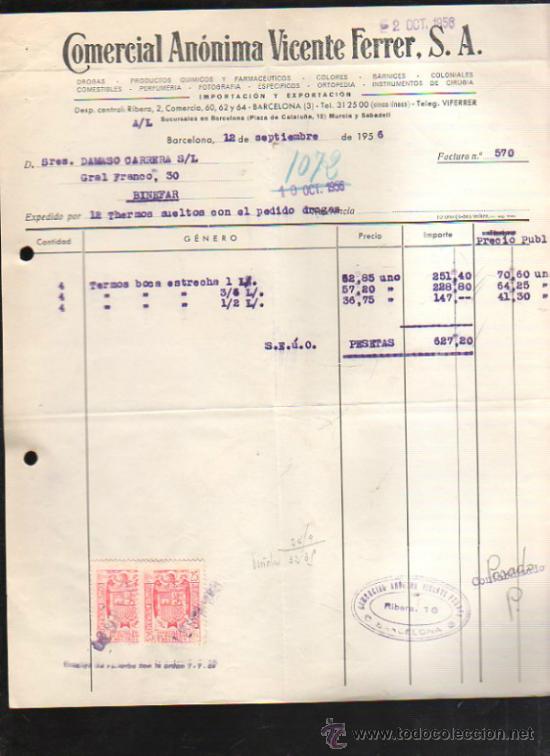 Old Invoices: FACTURA DE COMERCIAL ANONIMA VICENTE FERRER S.A. FARMACEUTICOS. BARCELONA. 1956