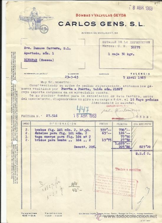Old Invoices: FACTURA DE CARLOS GENS. S.L. BOMBAS Y V&Aacute;LVULAS GEYDA. VALENCIA. 1963