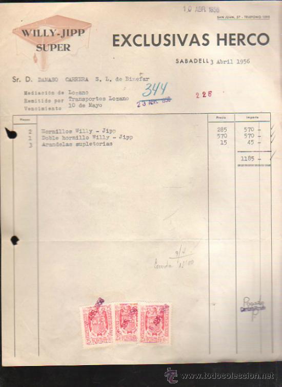 Facturas antiguas: FACTURA DE EXCLUSIVAS HERCO. WILLY-JIPP SUPER. SABADELL, BARCELONA. 1956