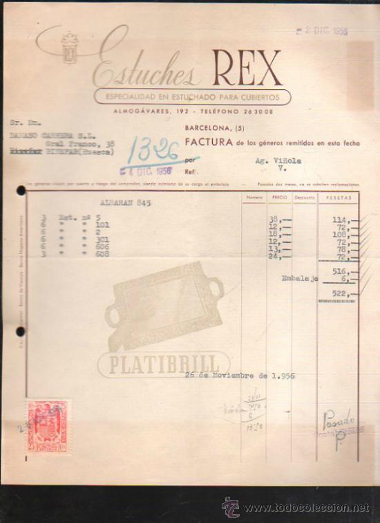Facturas antiguas: FACTURA DE ESTUCHES REX. BARCELONA. 1956