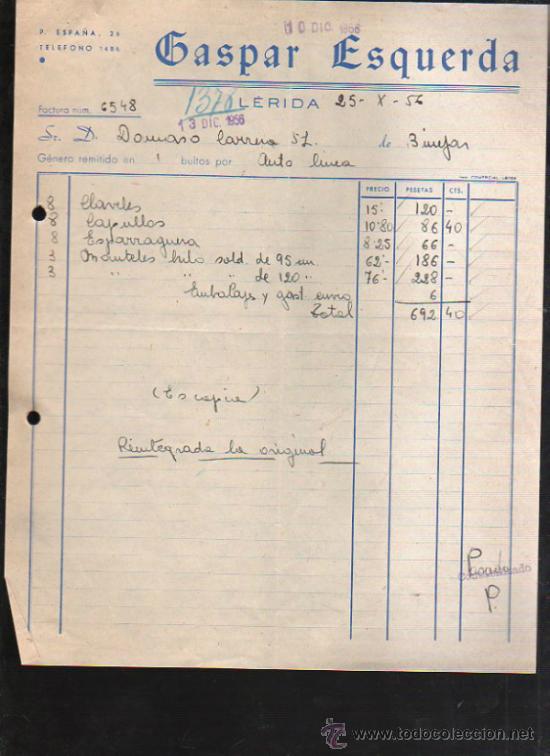 Facturas antiguas: FACTURA DE GASPAR ESQUERDA. LERIDA. 1956 - Foto 1