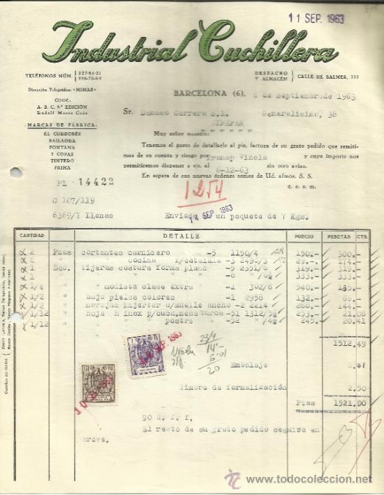 Facturas antiguas: FACTURA DE INDUSTRIAL CUCHILLERA. BARCELONA. 1963
