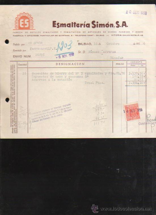 Facturas antiguas: FACTURA DE ESMALTERIA SIMON, S.A. FABRICA DE ROTULOS Y ESMALTACION. BILBAO, VIZCAYA. 1956