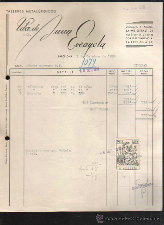 Facturas antiguas: FACTURA DE VDA. DE JUAN ESCAYOLA. TALLERES METALURGICOS. BARCELONA. 1956