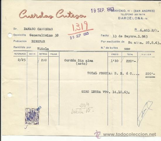 Faturas antigas: FACTURA DE CUERDAS CUTESA. BARCELONA. 1963