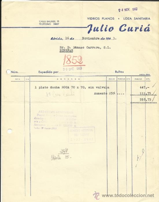 Faturas antigas: FACTURA DE JULIO CURI&Aacute;. VIDRIOS PLANOS. LLEIDA. 1963