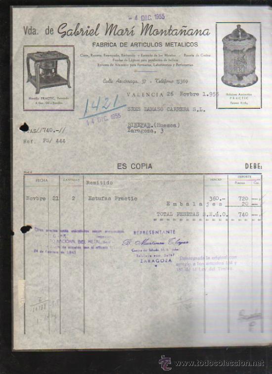 Faturas antigas: FACTURA DE VDA. DE GABRIEL MARI MONTA&Ntilde;ANA. ARTICULOS METALICOS. VALENCIA. 1955