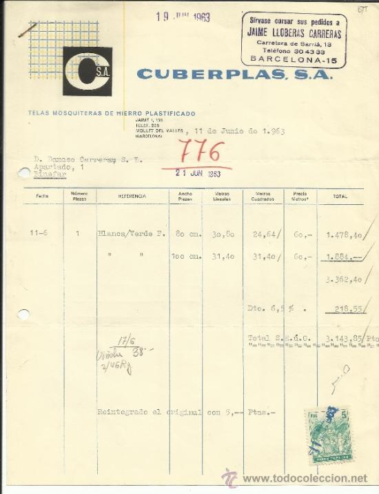 Faturas antigas: FACTURA DE CUBERPLAS, S.A. TELAS MOSQUITERAS DE HIERRO . MOLLET DEL VALL&Eacute;S. BARCELONA. 1963