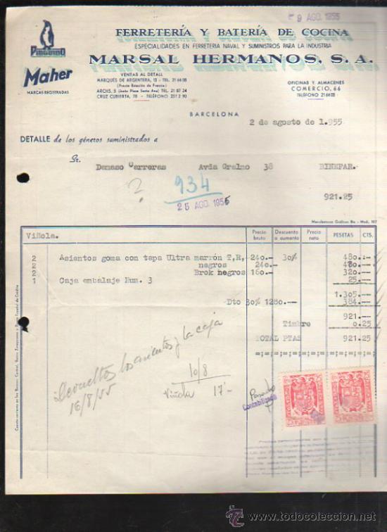 Faturas antigas: FACTURA DE MARSAL HERMANOS S.A. FERRETERIA Y BATERIA DE COCINA. BARCELONA. 1955