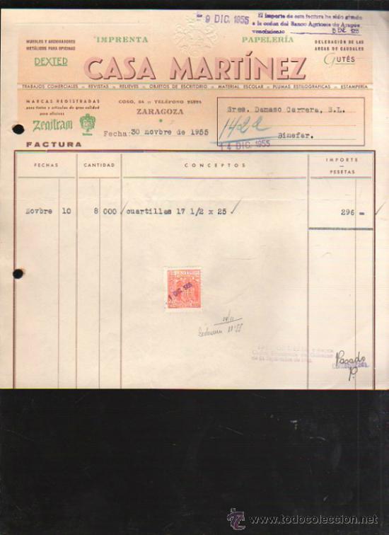 Faturas antigas: FACTURA DE CASA MARTINEZ. IMPRENTA, PAPELERIA. ZARAGOZA. 1955