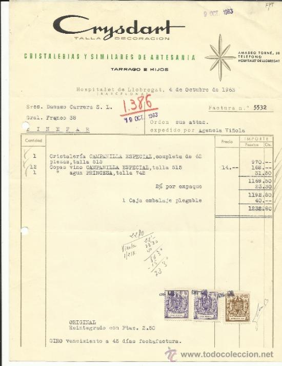 Faturas antigas: FACTURA DE CRYSDART. TALLA DECORACI&Oacute;N. TARRAGO E HIJOS. HOSPITALET DE LLOBREGAT. BARCELONA. 1963
