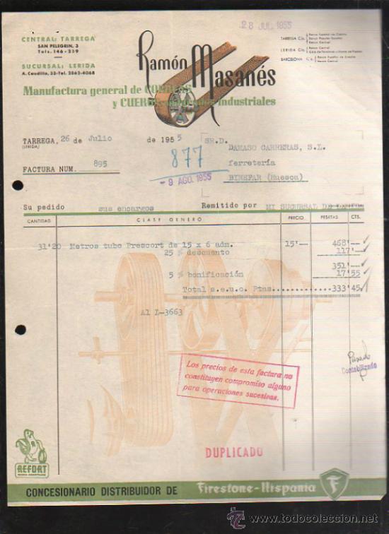 Alte Rechnungen: FACTURA DE RAMON MASANES. CORREAS Y CUEROS. TARREGA, LERIDA. 1955