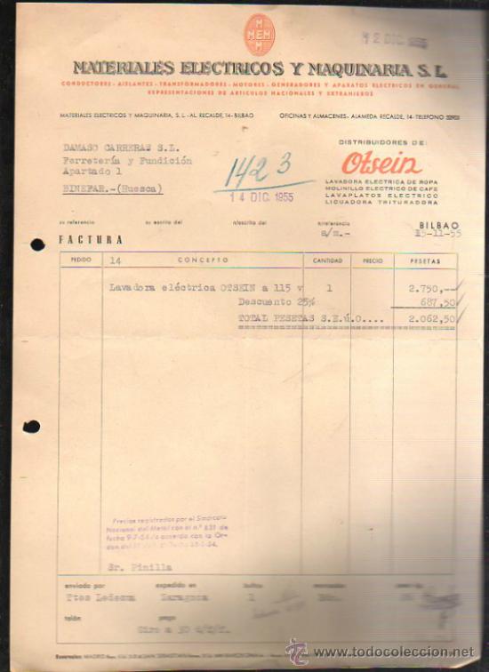 Old Invoices: FACTURA DE MATERIALES ELECTRICOS Y MQUINARIA S.L. MATERIALES ELECTRICOS Y MAQUINARIA. BILBAO. 1955