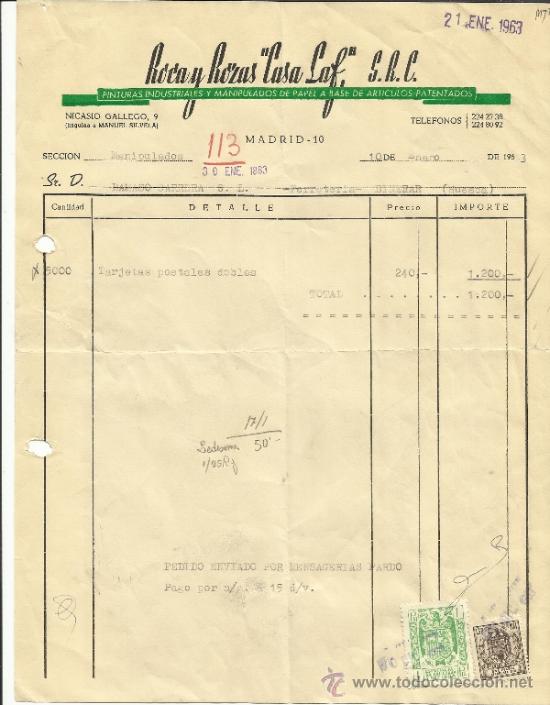 Facturas antiguas: FACTURA DE ROCA Y ROZAS, CASA LAF. PINTURAS INDUSTRIALES. MADRID. 1963