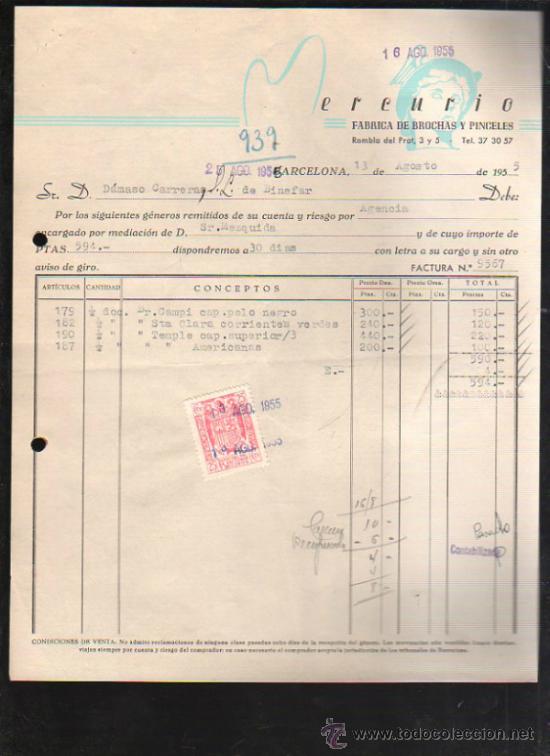 Facturas antiguas: FACTURA DE MERCURIO. FABRICA DE BROCHAS Y PINCELES. BARCELONA. 1955