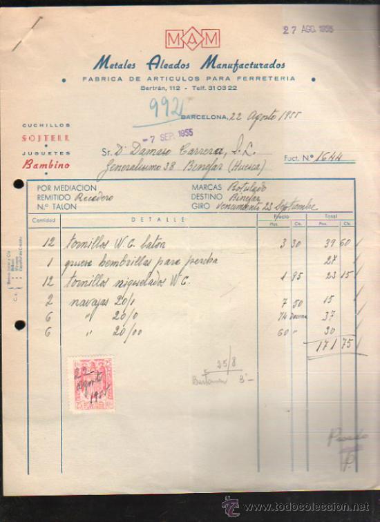 Facturas antiguas: FACTURA DE METALES ALEADOS MANUFACTURADOS. FABRICA DE ARTICULOS PARA FERRETERIA. BARCELONA. 1955