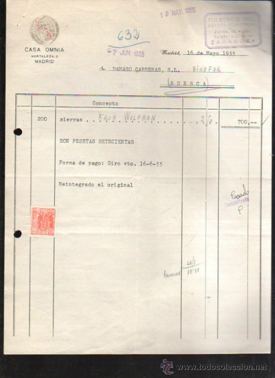 Facturas antiguas: FACTURA DE CASA OMNIA. MADRID. 1955 - Foto 1