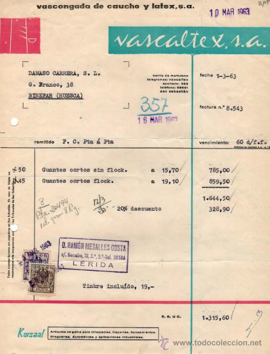 Facturas antiguas: FACTURA DE VASCALTEX, S.A. BINEFAR (HUESCA) 1963 - Foto 1