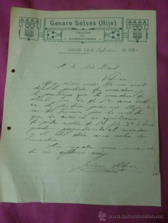 Facturas antiguas: Genaro Solves, Canals. Valencia. Carta comercial. Carpinter&iacute;a. 1930 - Foto 1