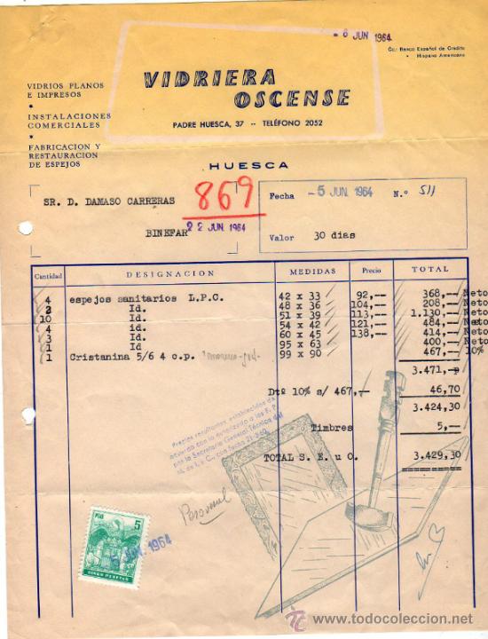 Facturas antiguas: FACTURA DE VIDRIERA OSCENSE. HUESCA 1964 - Foto 1