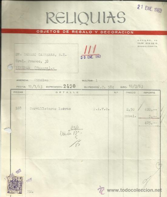 Fatture antiche: FACTURA DE RELIQUIAS. OBJETOS DE REGALO Y DECORACI&Oacute;N. BARCELONA. 1963