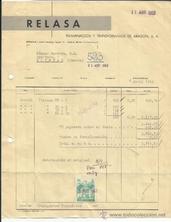 Fatture antiche: FACTURA DE RELASA. RELAMINACI&Oacute;N Y TRANSFORMADOS DE ARAG&Oacute;N S.A. ZARAGOZA. 1963