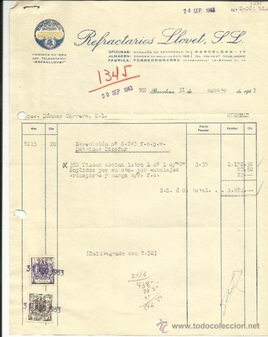 Fatture antiche: FACTURA DE REFRACTARIOS LLOVET, S,L. BARCELONA. 1963