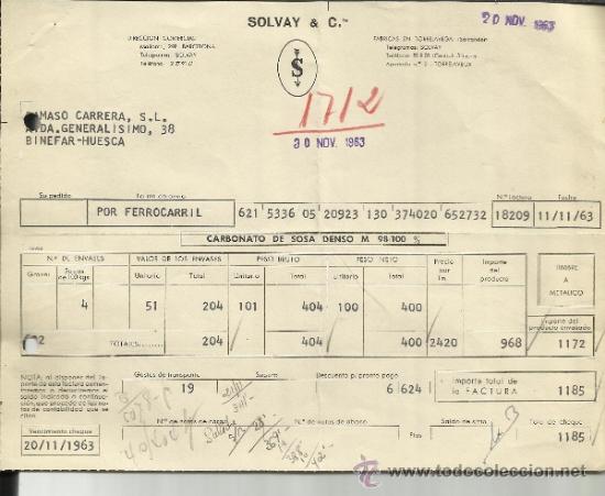 Fatture antiche: FACTURA DE SOLVAY & COMPA&Ntilde;IA. BARCELONA. 1963