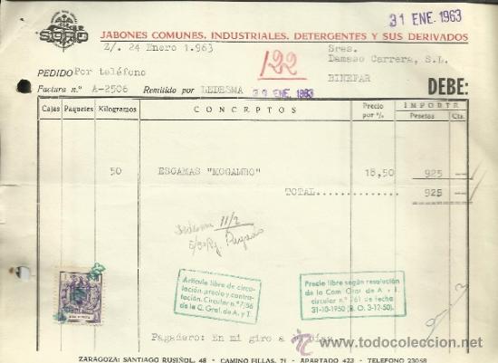 Fatture antiche: FACTURA DE SOPO. JABONES COMUNES, INDUSTRIALES, DETERGENTES Y SUS DERIVADOS. 1963
