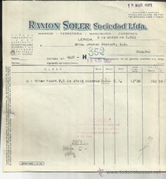 Fatture antiche: FACTURA DE RAM&Oacute;N SOLER S.L. HIERROS, FERRETER&Iacute;A. LLEIDA. 1963