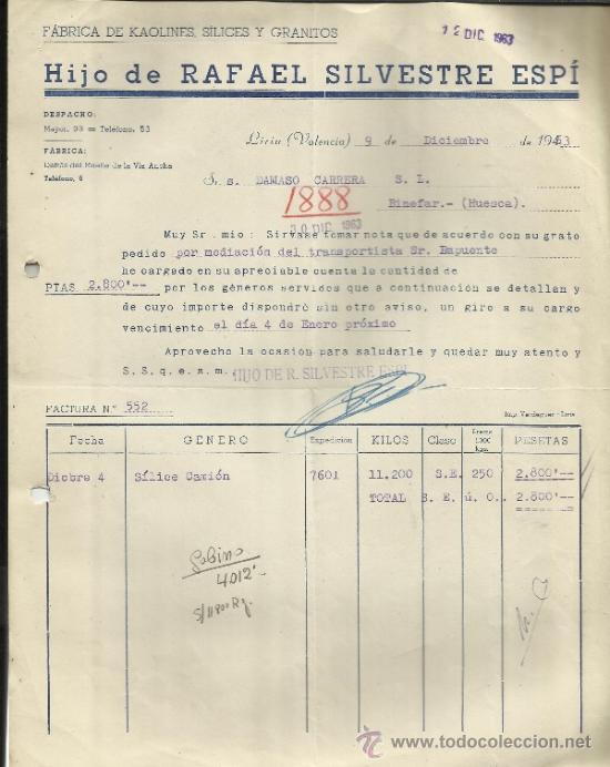 Fatture antiche: FACTURA DE HIJO DE RAFAEL SILVESTRE ESP&Iacute;. F&Aacute;BRICA DE KAOLINES. LIRIA. VALENCIA.1963