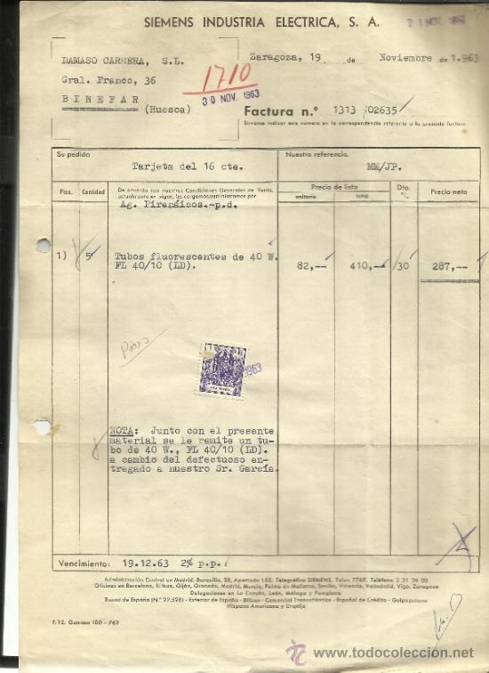 Fatture antiche: FACTURA DE SIEMENS INDUSTRIAL EL&Eacute;CTRICA S.A. ZARAGOZA. 1963