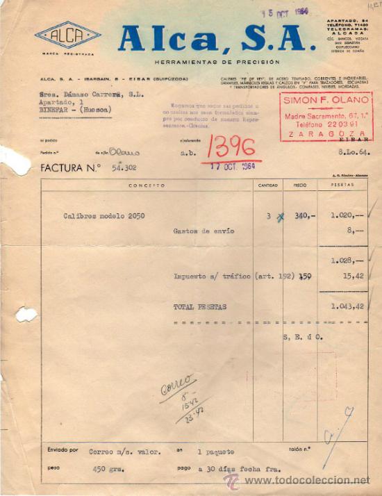 Fatture antiche: FACTURA DE ALCA, S. A. FABRICA DE HERRAMIENTAS DE PRECISI&Oacute;N. EIBAR (GUIPUZCOA) 1964