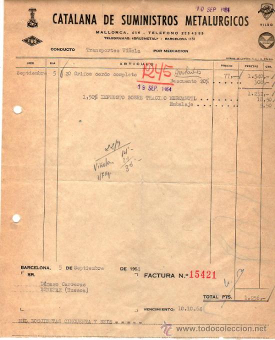 Old Invoices: FACTURA DE CATALANA DE SUMINISTROS METALURGICOS. BARCELONA 1964