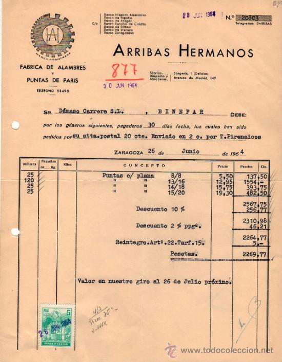 Old Invoices: FACTURA DE ARRIBAS HERMANOS. FABRICA DE ALAMBRES Y PUNTAS DE PARIS. ZARAGOZA 1964