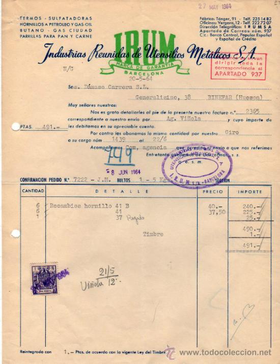 Old Invoices: FACTURA DE INDUSTRIAS REUNIDAS DE UTENCILIOS MET&Aacute;LICOS, S. A. BARCELONA 1964