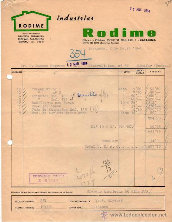 Old Invoices: FACTURA DE RODIME. INDUSTRIAS. ZARAGOZA 1964