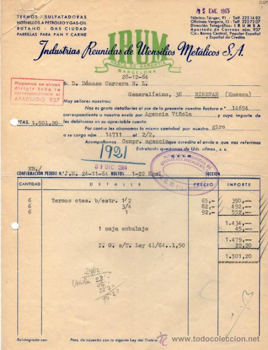 Old Invoices: FACTURA DE INDUSTRIAS REUNIDAS DE UTENCILIOS MET&Aacute;LICOS, S.A. BARCELONA 1964