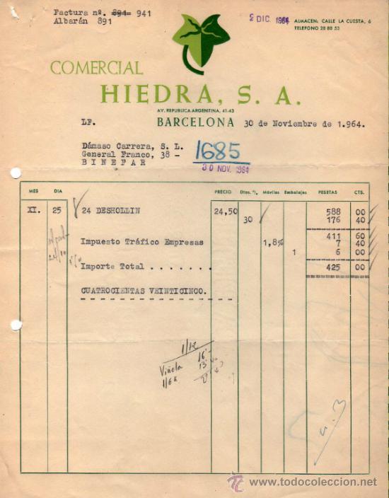Old Invoices: FACTURA DE HIEDRA, S. A. COMERCIAL. BARCELONA 1964
