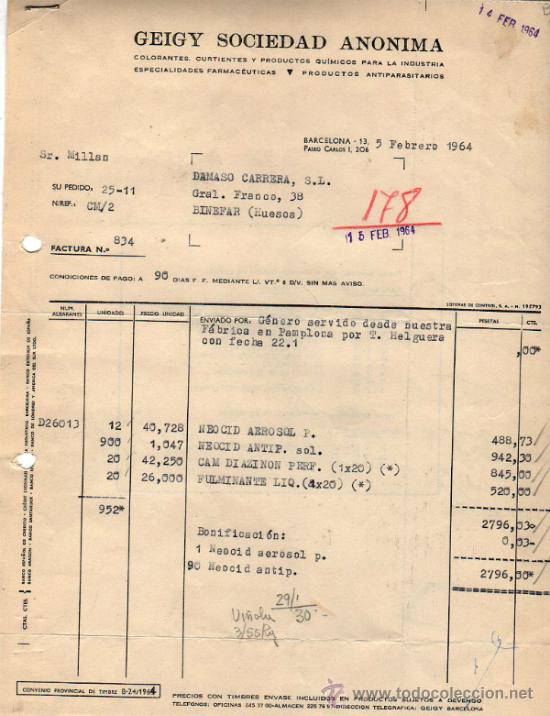 Old Invoices: FACTURA DE GEIGY S. A. FABRICA DE COLORANTES, CURTIENTES Y PRODUCTOS QU&Iacute;MICOS. BARCELONA 1964