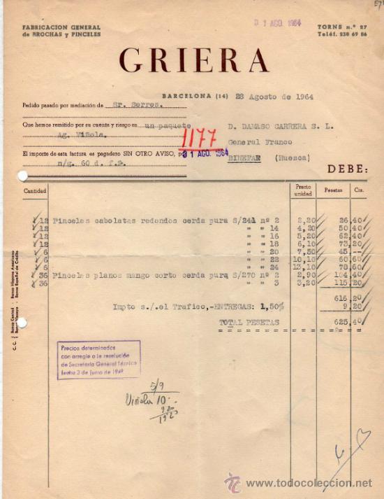 Old Invoices: FACTURA DE GRIERA. FABRICACI&Oacute;N GENERAL DE BROCHAS Y PINCELES. BARCELONA 1964