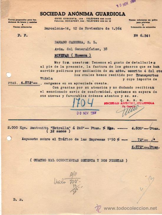 Old Invoices: FACTURA DE SOCIEDAD AN&Oacute;NIMA GUARDIOLA. BARCELONA  1964