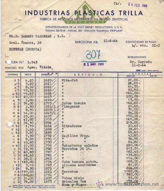 Old Invoices: FACTURA DE INDUSTRIAS PL&Aacute;STICAS TRILLA. FABRICA DE ARTICULOS MOLDEADOS EN RESINAS. BARCELONA 1964