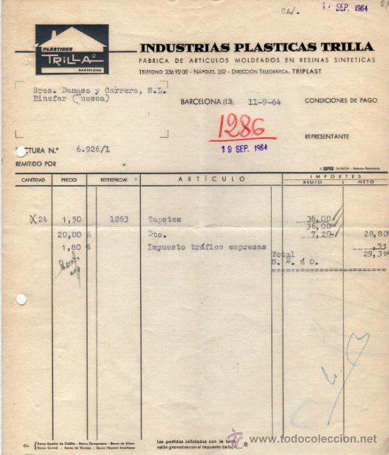 Old Invoices: FACTURA DE INDUSTRIAS PL&Aacute;STICAS TRILLA. FABRICA DE ARTICULOS MOLDEADOS EN RESINAS. BARCELONA 1964