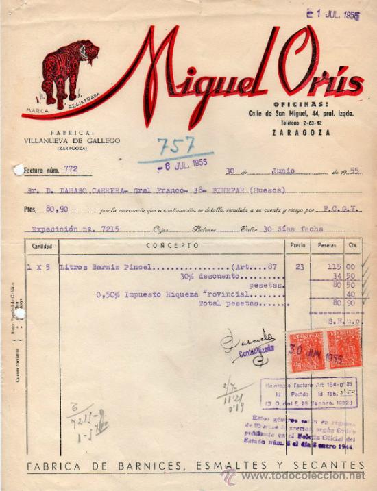 Old Invoices: FACTURA DE MIGUEL OR&Uacute;S. FABRICA. VILLANUEVA DE GALLEGO. (ZARAGOZA) 1955