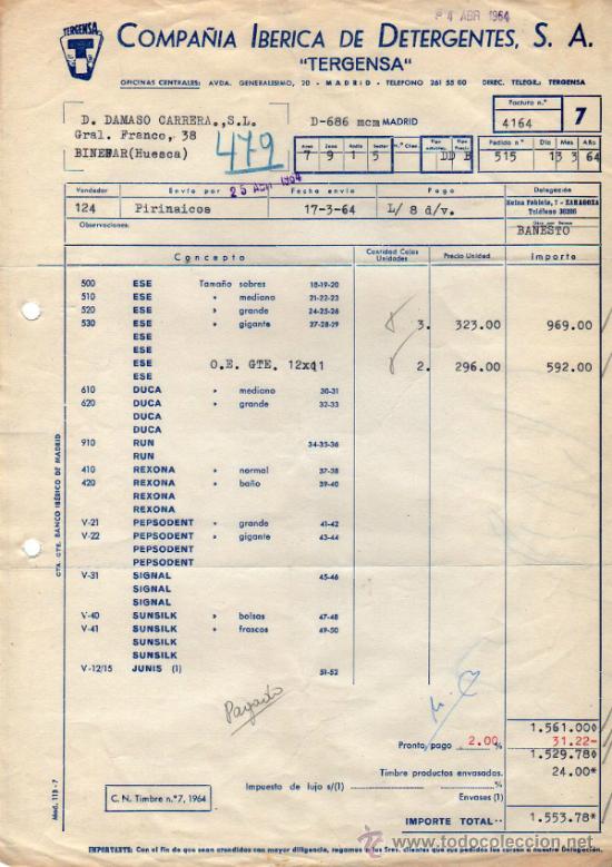 Old Invoices: FACTURA DE COMPA&Ntilde;IA IBERICA DE DETERGENTES, S.A. &rdquo;TERGENSA&rdquo;. MADRID 1964