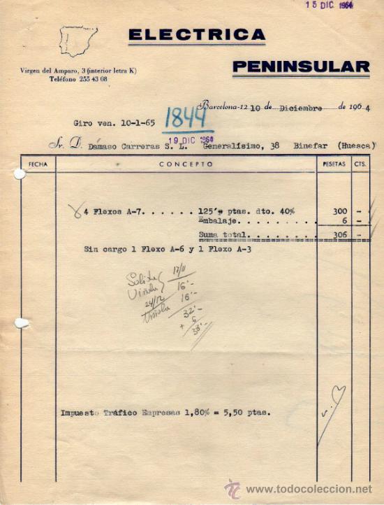 Old Invoices: FACTURA DE ELECTRICA PENINSULAR. BARCELONA 1964