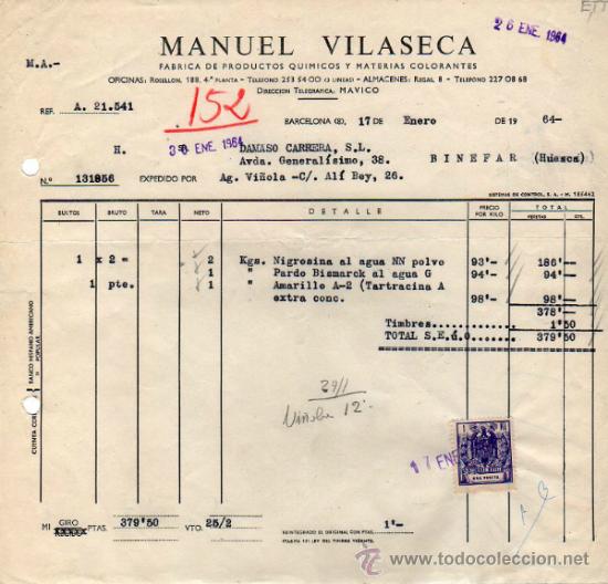 Factures anciennes: FACTURA DE MANUEL VILASECA. FABRICA DE PRODUCTOS QUIMICOS Y MATERIAS COLORANTES. BARCELONA 1964